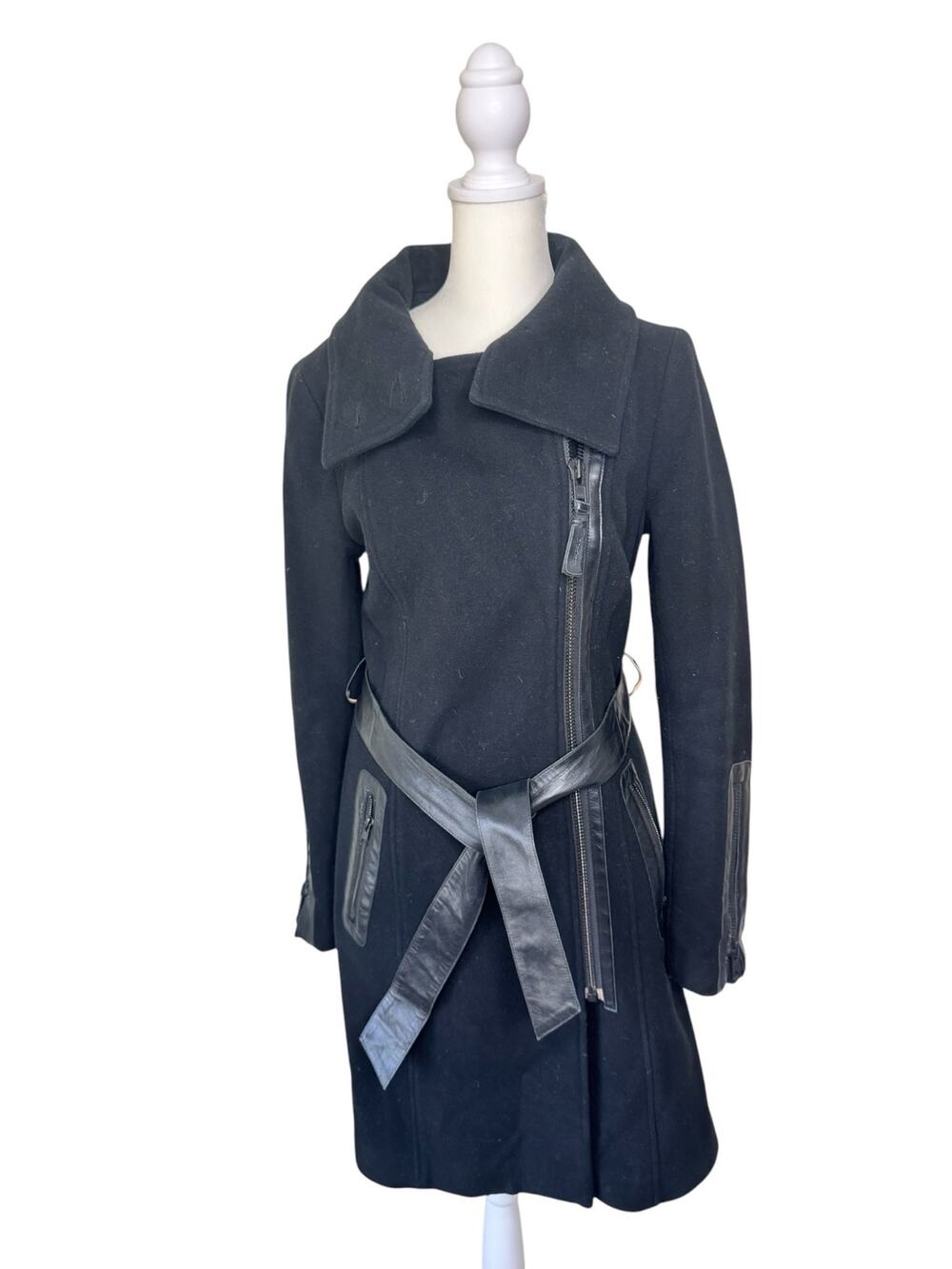 MACKAGE Wool Blend Belted Peacoat w/ Leather Accents Size SMALL Black